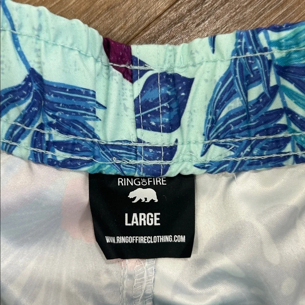 Ring of Fire Mens Shorts Swim Trunks Size L Blue Tropical Parrot Print Novelty